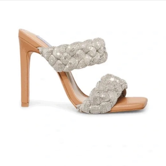 ♦️SOLD♦️STEVE MADDEN Kelley Silver Rhinestone Crystal Braided Beige Heels Sandal - Picture 2 of 16